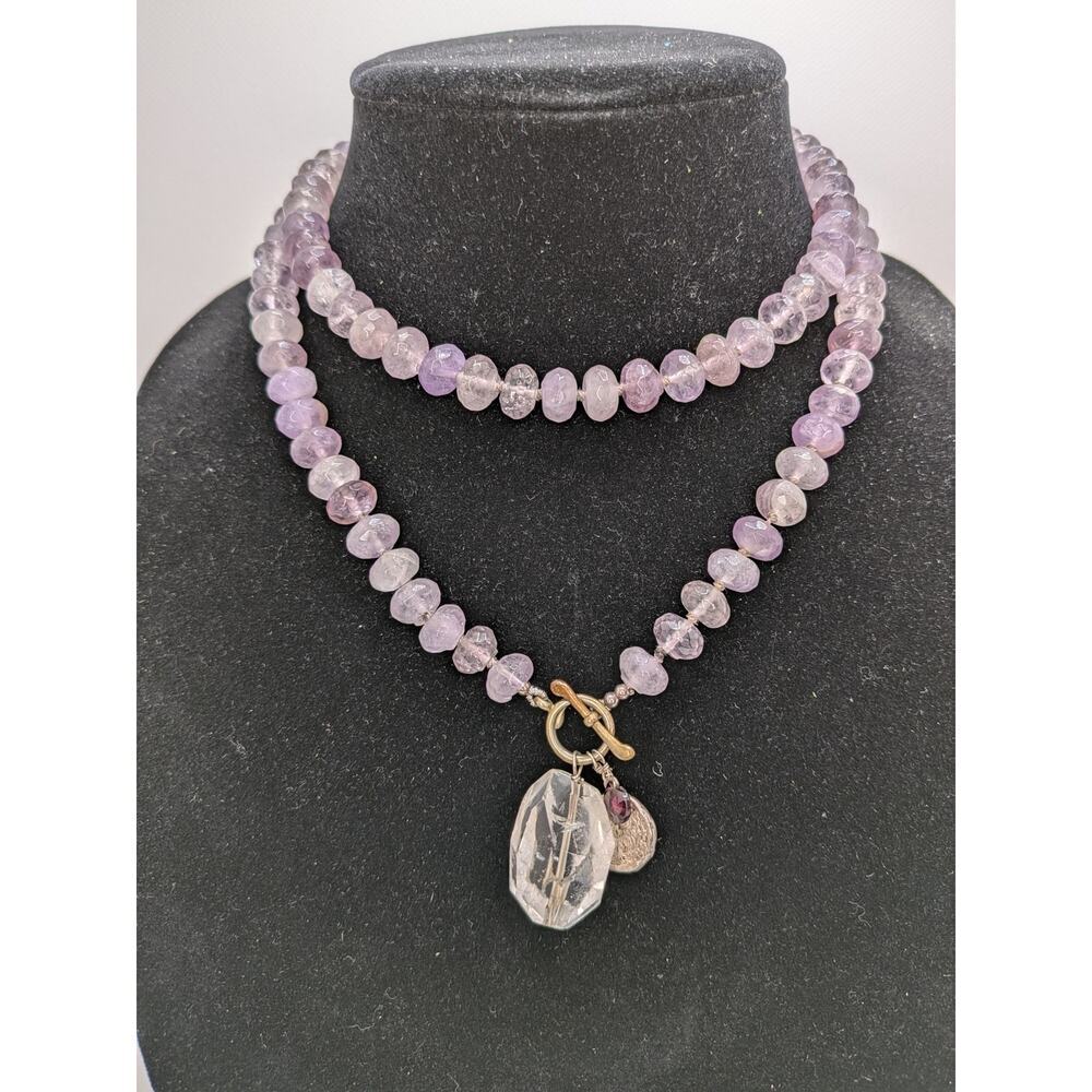 Amethyst Faceted Bead Necklace with Sterling Clasp and Crystal Pendant 34.5”